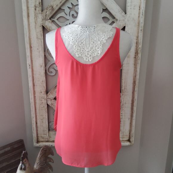BCX Women's Junior Layered Asymmetric Mesh Crochet Lace Tank Top in Coral - Picture 5 of 7